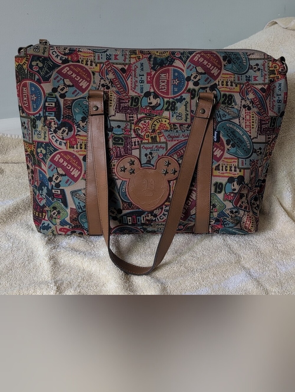 Disney Multicolor Mickey Retroprint Tote Bag with Brown Leather Straps